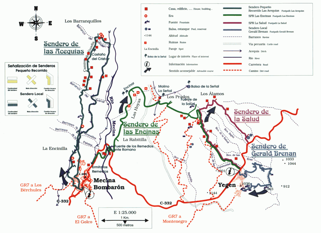Karte der Wanderwege von Alpujarra de la Sierra: Las Acequias, Las Encinas, La Salud und Gerald Brenan, zwischen Mecina Bombarón und Yegen